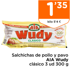 Salchichas de pollo y pavo AIA Wudy cl?sico 3 ud 300 g
