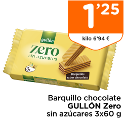 Barquillo chocolate GULL?N Zero sin az?cares 3x60 g