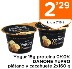 Yogur 15g prote?na 0%0% DANONE YoPRO pl?tano y cacahuete 2x160 g