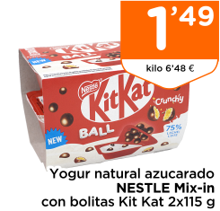 Yogur natural azucarado NESTLE Mix-in con bolitas Kit Kat 2x115 g