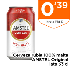 Cerveza rubia 100% malta AMSTEL Original lata 33 cl