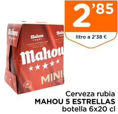 Cerveza rubia MAHOU 5 ESTRELLAS botella 6x20 cl