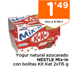 Yogur natural azucarado NESTLE Mix-in con bolitas Kit Kat 2x115 g
