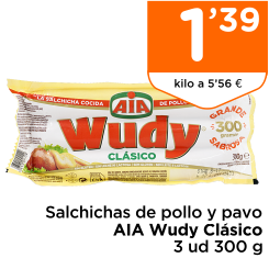 Salchichas de pollo y pavo AIA Wudy Cl?sico 3 ud 300 g