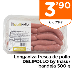 Longaniza fresca de pollo DELIPOLLO by Inasur bandeja 500 g