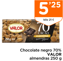 Chocolate negro 70% VALOR almendras 250 g