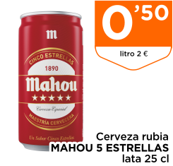 Cerveza rubia MAHOU 5 ESTRELLAS lata 25 cl
