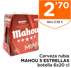 Cerveza rubia MAHOU 5 ESTRELLAS botella 6x20 cl