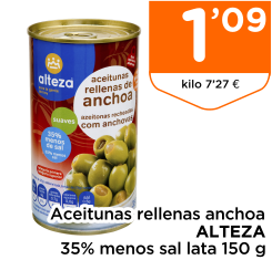 Aceitunas rellenas anchoa ALTEZA 35% menos sal lata 150 g
