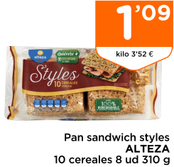 Pan sandwich styles ALTEZA 10 cereales 8 ud 310 g