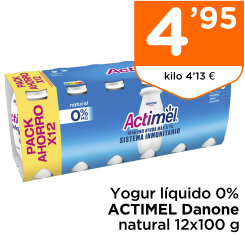 Yogur l?quido 0% ACTIMEL Danone natural 12x100 g
