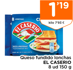 Queso fundido lonchas EL CASERIO 8 ud 150 g