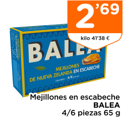 Mejillones en escabeche BALEA 4/6 piezas 65 g Mejillones en escabeche BALEA 4/6 piezas 65 g
