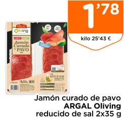 Jam?n curado de pavo ARGAL Oliving reducido de sal 2x35 g Jam?n curado de pavo ARGAL Oliving reducido de sal 2x35 g
