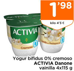 Yogur b?fidus 0% cremoso ACTIVIA Danone vainilla 4x115 g