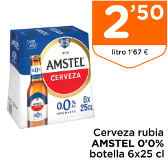 Cerveza rubia AMSTEL 0'0% botella 6x25 cl
