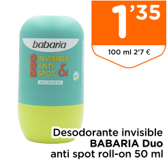 Desodorante invisible BABARIA Duo anti spot roll-on 50 ml