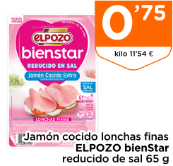 Jam?n cocido lonchas finas ELPOZO bienStar reducido de sal 65 g