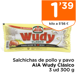 Salchichas de pollo y pavo AIA Wudy Cl?sico 3 ud 300 g