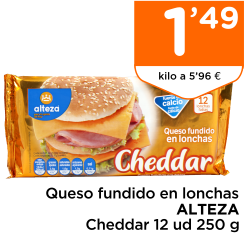 Queso fundido en lonchas ALTEZA Cheddar 12 ud 250 g