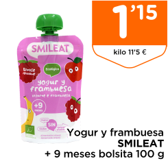 Yogur y frambuesa SMILEAT + 9 meses bolsita 100 g