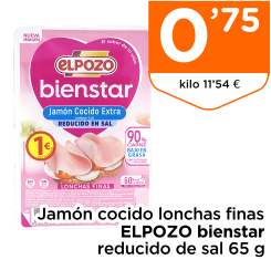 Jam?n cocido lonchas finas ELPOZO bienstar reducido de sal 65 g