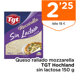 Queso rallado mozzarella TGT Hochland sin lactosa 150 g