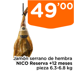 Jam?n serrano de hembra NICO Reserva +12 meses pieza 6.3-6.8 kg