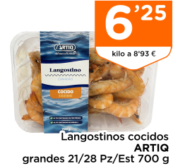 Langostinos cocidos ARTIQ grandes 21/28 Pz/Est 700 g