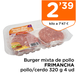 Burger mixta de pollo FRIMANCHA pollo/cerdo 320 g 4 ud