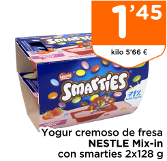 Yogur cremoso de fresa NESTLE Mix-in con smarties 2x128 g