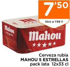 Cerveza rubia MAHOU 5 ESTRELLAS pack lata  12x33 cl