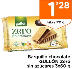 Barquillo chocolate GULL?N Zero sin az?cares 3x60 g