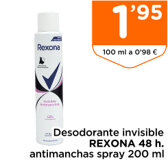 Desodorante invisible REXONA 48 h. antimanchas spray 200 ml