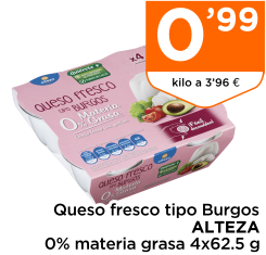 Queso fresco tipo Burgos ALTEZA 0% materia grasa 4x62.5 g