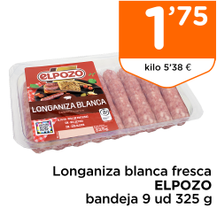 Longaniza blanca fresca ELPOZO bandeja 9 ud 325 g